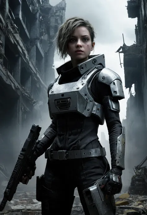 game、High-definition realism、Future dystopia、Destroyed city and broken robot、ruins、A whole grey world、Black Cloud、Rembrandt light shines only in the foreground、A young woman in futuristic combat gear stands alone, facing the camera.、Dark shadows、In his han...