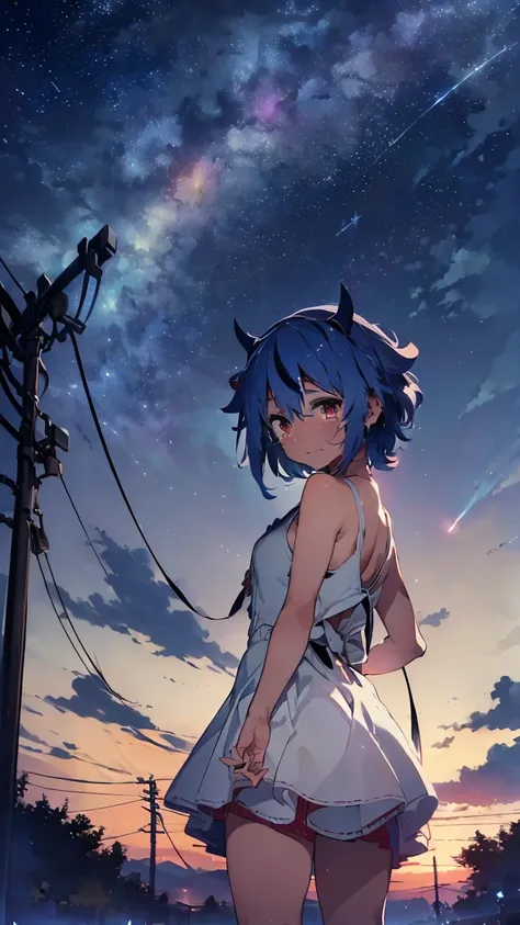 masterpiece, Highest quality, High resolution, Very detailed,(((Mikoto Naruka))), (((Blue light)))、(((Are crying。)))、(((Standing in the distance))), (((Facing forward。))), Electric pole, night, (((Against the background of the starry sky))), (((comet)))