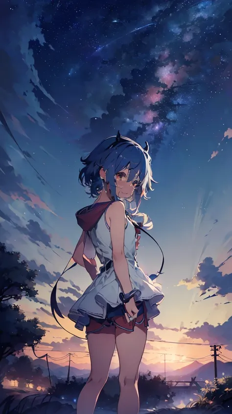 masterpiece, Highest quality, High resolution, Very detailed,(((Mikoto Naruka))), (((Blue light)))、(((Are crying。)))、(((Standing in the distance))), (((Facing forward。))), Electric pole, night, (((Against the background of the starry sky))), (((comet)))