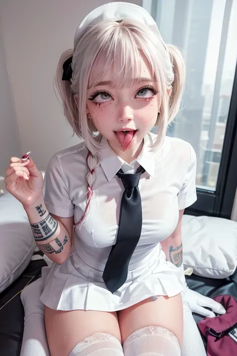 high quality, detailed,nurse,(very very wet and transparent white uniform,skirt),a mole under the eye,(bob hair,bob hair),(tounge out,lots of saliva),(blushing:1.4),smile,absurdres,orgasm,ecstasy,(wearing white overknee socks),the whole body,the whole body...