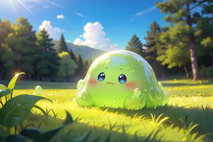 (slime), lovely, 虹色のslime, big eyes, flower field, blue sky, sunlight