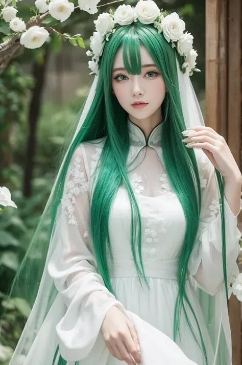 Green Hair　White beauty　Long Hair　China dress　Flowers on head