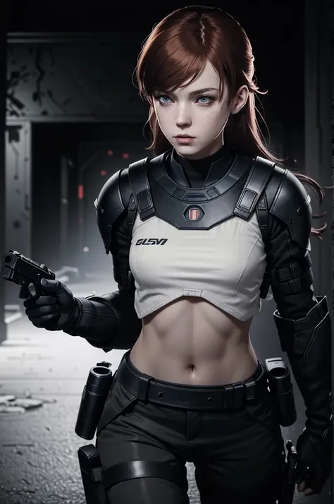 (masterpiece, best quality)
SherryRE, solo, red hair, realistic, long hair, 1girl, black background, dark blue eyes, upper body, lips, parted lips, simple background, dark, combat suit, pistol
