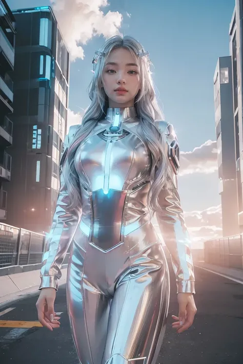 ((masterpiece, best quality, extremely detailed), volumetric lighting, ambient occlusion, colorful, glowing), 
1girl, solo, young girl, (silver hair), long hair, halo, aura, sacred, goddess, cyber suit, (white outfit:1.3), 
outdoors, sunset, sky, clouds, s...