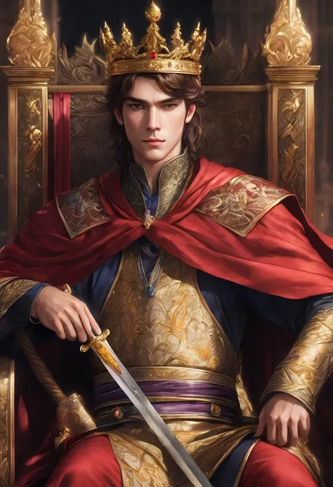 A brown-haired young man sat on the throne, holding a long sword, a prince in a red robe, wearing a crown, government, fantasy, anime style, HD, masterpiece, 24k, super detail, super realistic, high resolution.