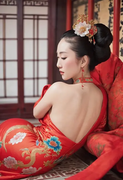 A side view of a Chinese empress, seen from close up on her buttocks. The background is a room in a Chinese palace during the Qing dynasty. She is sleeping in red Hanfu, with only her large buttocks sticking out. She is either wearing underwear or not, and...