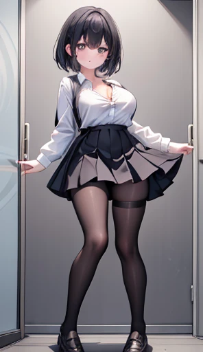 One Girl、positive、Standing posture、Full body portrait、Black Hair、Medium Haircut、blush、Absolute area、Black knee-high socks、Knee-length、stockings、Black Pantyhose、No pants、Very good、Round neck blouse、mini skirt、Japanese high school students、Summer clothes、nig...