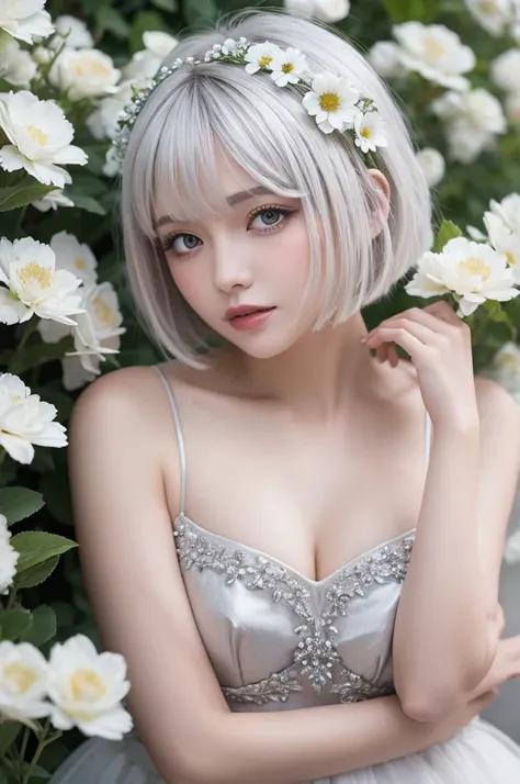 White beauty　Short Bob　Silver Hair　Dress up　Flowers on head