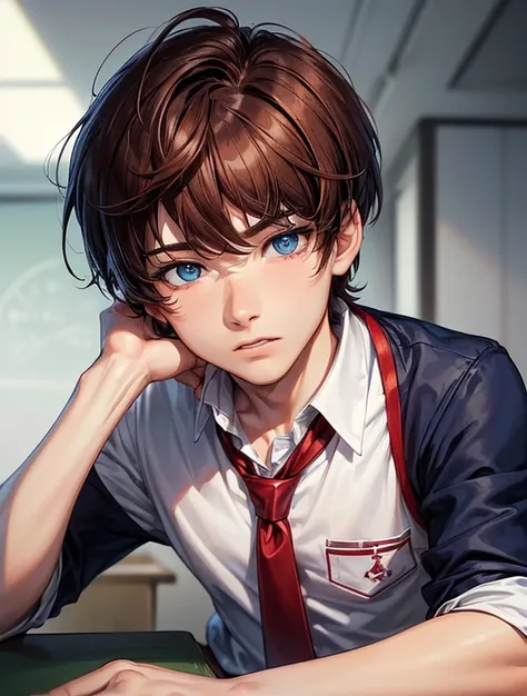 (((((solo)))),24-year-old boy, manhwa man face, Warm skin, Pupil heterochromia: red and blue, Mature Face, head portrait, Brown hair, Short hair, Facial Focus, Adult, University Uniform,White shirt, tie, Pants, Best Quality, Facial details.,‎Classroom,