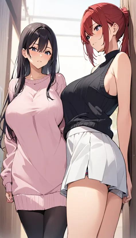 2girls, teenage, side boob sweater, tall, large breast