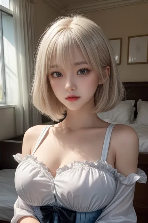 reflected light、Platinum blonde hair with dazzling highlights、Shiny Hair、 Silky straight hair、Beautiful shiny bangs、bright, clear, charm, large blue eye、so beautiful, A cute and adorable 16-year-old girl.、Ample Bust、Beautiful detailed eye、 Beautiful and de...