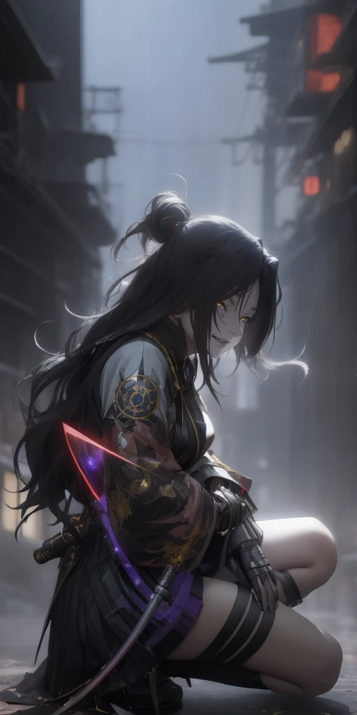 dominique_de_sade, black hair, long hair, yellow eyes, anime girl kneeling down with a sword in her hand, badass anime 8 k, artw...