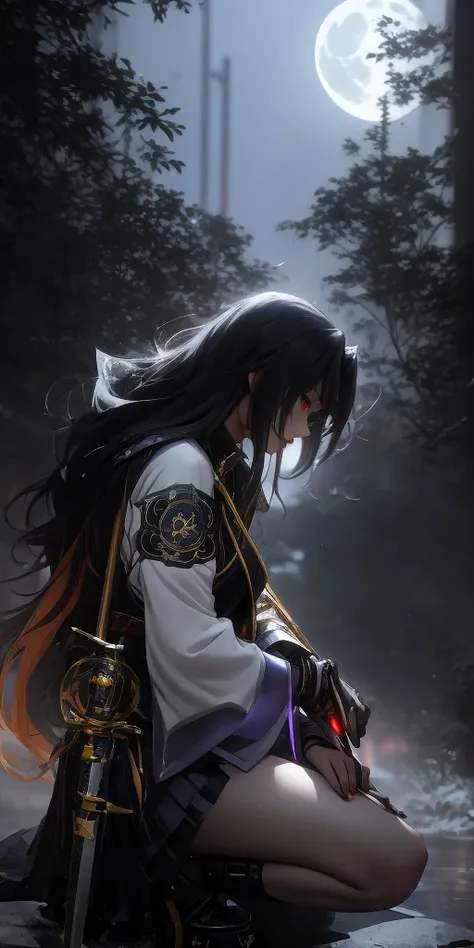 dominique_de_sade, black hair, long hair, yellow eyes, anime girl kneeling down with a sword in her hand, badass anime 8 k, artw...