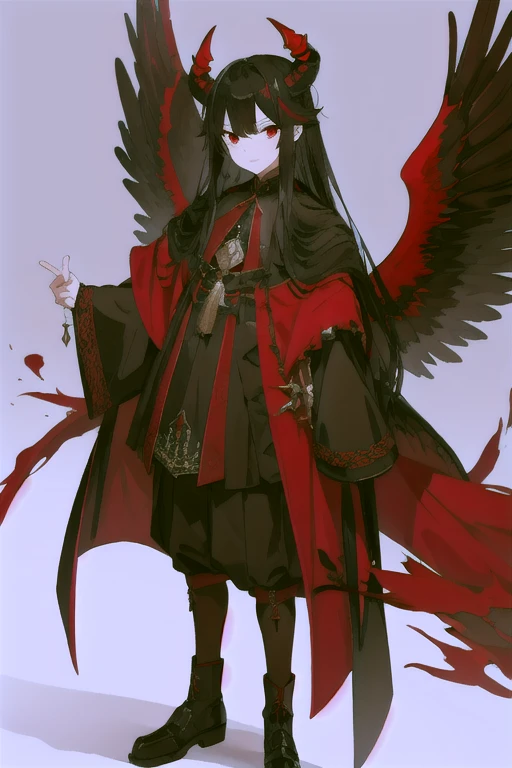 An effeminate boy , long black hair, red wide horn, red and black medieval class clothes, with black wings, Red eyes