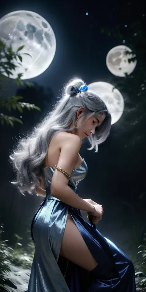 4K anime style quality, digital drawing mode, Moon-themed anime female character, long silvery hair with moonbeam accents, glowing blue eyes, wearing a gown adorned with moon phases and stars, holding a staff with a crescent moon, Blur the background to cr...