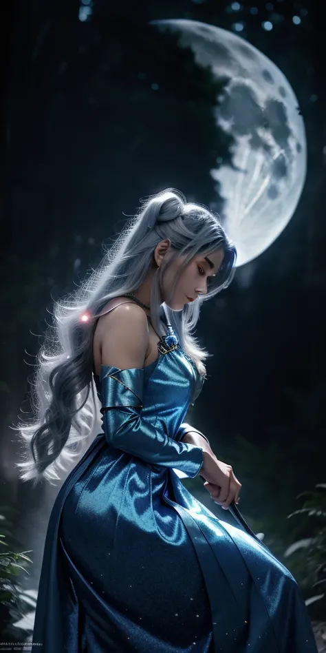 4K anime style quality, digital drawing mode, Moon-themed anime female character, long silvery hair with moonbeam accents, glowing blue eyes, wearing a gown adorned with moon phases and stars, holding a staff with a crescent moon, Blur the background to cr...