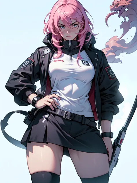 (best qualityer,4K,8k,high resolution,work of art:1.2),ultra detali,(realisitic,photorealisitic,photo-realisitic:1.37), 1 girl, Ice seasoning, pink hair, ready to fight, aiming a compound bow, purple and white mini skirt, intense expression, plain white ba...