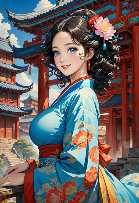 {{masterpiece, best quality, Extremely detailed CG, Unity 8K wallpaper, light}}, Traditional Chinese ink painting, A beautiful woman，With curly hair，Wearing colorful high fashion, whole body, Ancient buildings, Blue sky, sunny, Wooden construction, Promine...