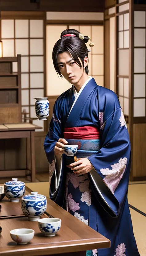 Akechi Mitsuhide, visibly drunk, raising a sake cup, with concerned retainers nearby, set in a traditional Japanese banquet hall.