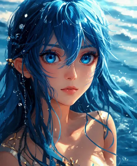 ((highest quality)), ((masterpiece)), (Get used to it), Perfect Face , Adult female , Ariel ,  Long and beautiful blue hair , Beautiful blue eyes , in the beautiful sea ,