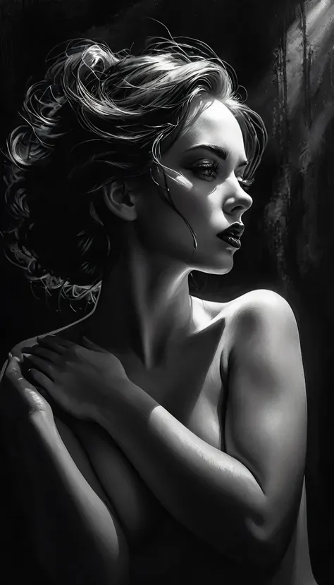 eroticism, sexy, black and white image, between shadows, oil painting, chiaroscuro, sensual, dramatic lighting, moody atmosphere, photorealistic, intricate details, masterpiece, ultra-detailed, high quality, 8k, best quality, realistic, cinematic, dark and...