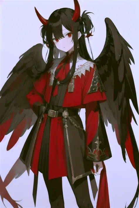 An effeminate boy , long black hair, red wide horn, red and black medieval class clothes, with black wings, Red eyes