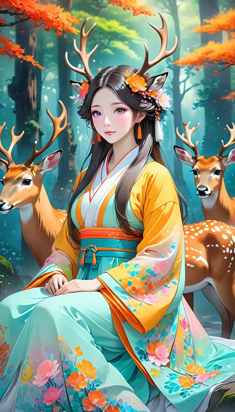 Surreal photos，Seven-Colored Deer Guardian，High-resolution photos，Huge and beautiful seven-colored deer，A peaceful and dreamy scene，A woman in Hanfu sits next to a giant seven-colored deer，The woman is very sexy，Detailed facial details，The background is a ...