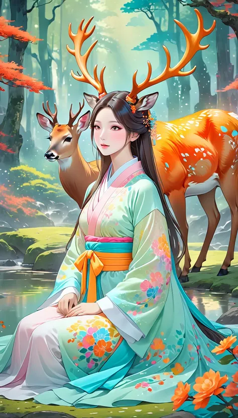 Surreal photos，Seven-Colored Deer Guardian，High-resolution photos，Huge and beautiful seven-colored deer，A peaceful and dreamy scene，A woman in Hanfu sits next to a giant seven-colored deer，The woman is very sexy，Detailed facial details，The background is a ...