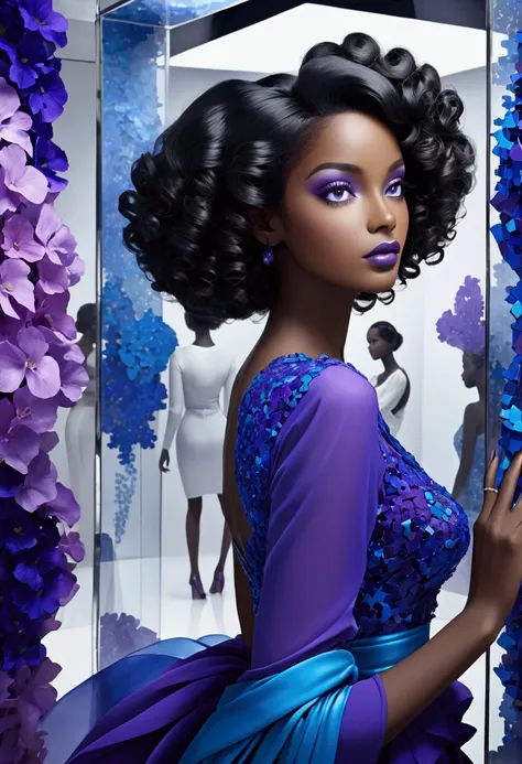 A wide-angle photo，Lillian Bassman Style, A beautiful black woman，With curly hair，Wearing colorful high fashion，Standing in a transparent glass museum，A puzzle filled with blue and purple pieces，The colors of the whole scene are blue and purple，Hyper-reali...