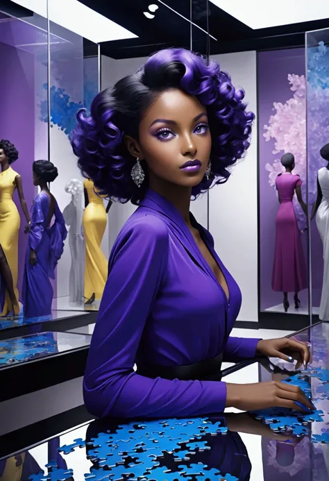 A wide-angle photo，Lillian Bassman Style, A beautiful black woman，With curly hair，Wearing colorful high fashion，Standing in a transparent glass museum，A puzzle filled with blue and purple pieces，The colors of the whole scene are blue and purple，Hyper-reali...