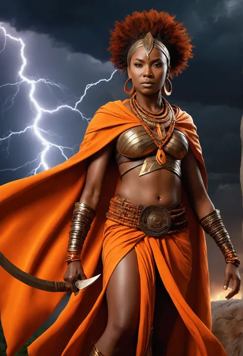 Iansã, African warrior woman, orange flowing robes, beautiful, lightning and thunder in background, mystical mythological style, power and magic,, high quality, photorealistic, cinematic, 8k, intricate details, masterpiece