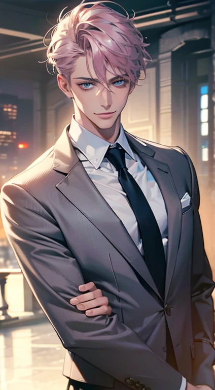 (Highest quality,4K,8K,High resolution,masterpiece:1.2),Super detailed,(Realistic,photoRealistic,photo-Realistic:1.37),1 person,31 years old,Mature Men,Beautiful skin、very handsome,Expressionless,smile,Short gray pink hair,blue eyes,Sharp Eyes,A perfect fa...