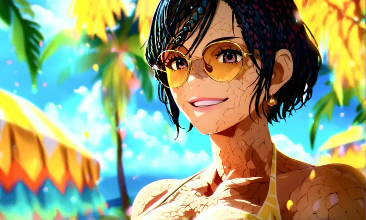 Muscular woman, short hair slicked down, shark teeth, yellow beachwear, sunglasses, cheerful smile, beach background, "Anime character design inspired by One Piece, full of dramatic and impressive lighting, focus on the centralized character, impressive fa...