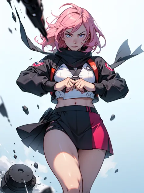 (best qualityer,4K,8k,high resolution,work of art:1.2),ultra detali,(realisitic,photorealisitic,photo-realisitic:1.37), 1 girl, Ice seasoning, pink hair, ready to fight, purple and white mini skirt, intense expression, plain white background, cold environm...