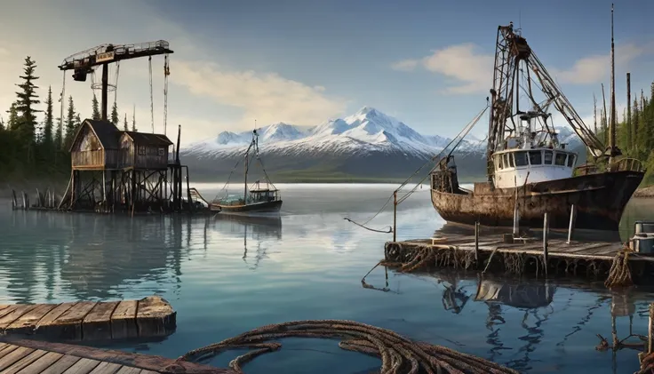  photorealistic scene of an old wooden deck Alaskan port in the early morning.. In the foreground, a monster hunt trophies,.Beside it a torn and empty fishing net hangs from a rusty crane. Reflections in the calm water subtly suggest shapes of marine creat...