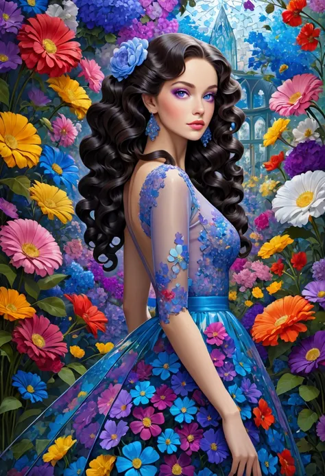 A wide-angle photo，Megan Hess Style, A beautiful woman，With curly hair，Wear haute couture，In a transparent glass museum，The whole scene is filled with blue and purple puzzle pieces，Colorful flowers background, Hyper-realistic images，32K，Ultra HD，illuminati...