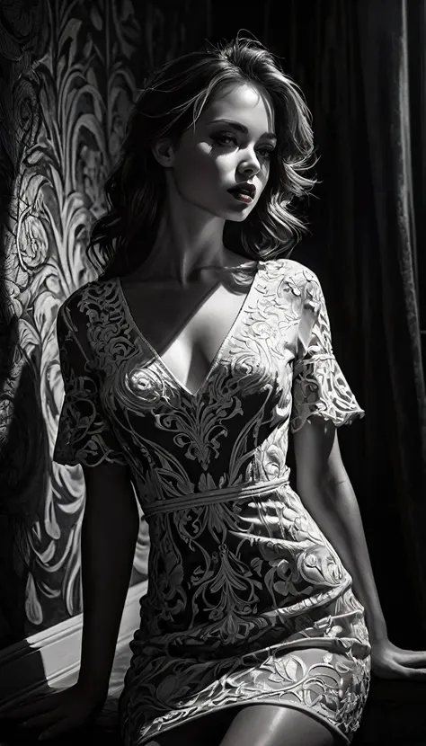 eroticism,embroidered sexy dress, sexy, black and white image, between shadows, oil painting, chiaroscuro, sensual, dramatic lighting, moody atmosphere, photorealistic, intricate details, masterpiece, ultra-detailed, high quality, 8k, best quality, realist...