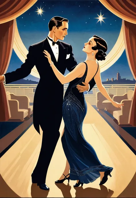 Dancing the tango男女, Art Deco Ballroom, 1920s, man facing forward, Woman turning away from the viewer, Dancing the tango, The woman is wearing a long, tight dress, A small star shines in the dark blue sky, Detailed facial features, Beautiful dress, Formal ...