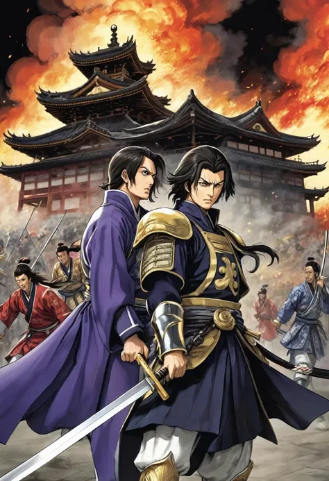 A confrontation between Akechi Mitsuhide and Oda Nobunaga, with Mitsuhides expression filled with resentment and determination, set against a backdrop of the burning Honno-ji.