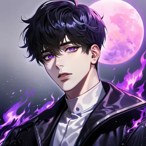 absurdres, highres, ultra detailed, HDR, masterpiece, extremely detailed face and eyes, Sung Jinwoo, solo leveling, black hair, expressive purple eyes, black coat, white shirt, purple moon, purple flames, solo, man, handsome