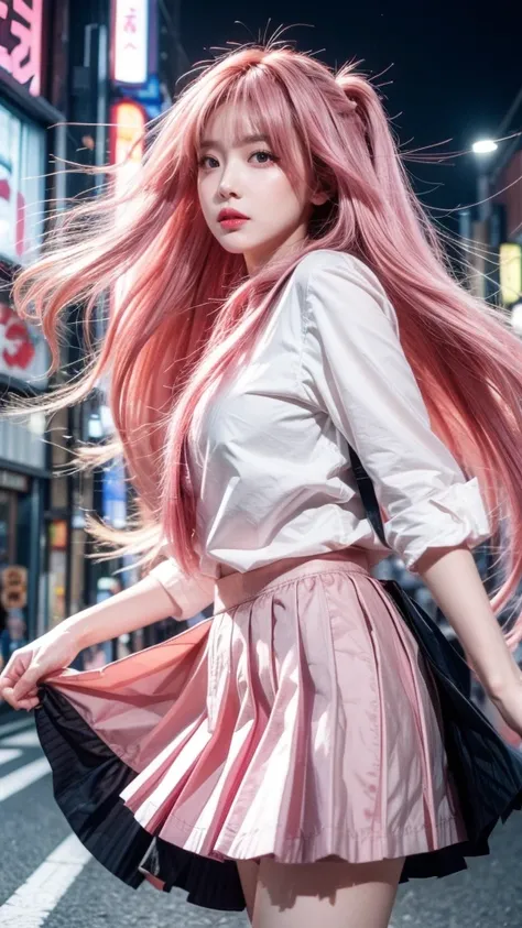 Tokyo, Kabukicho, Long hair fluttering in the wind, Pink Hair, HD, skirt