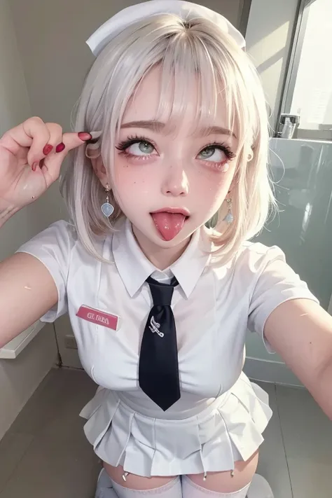 high quality, detailed,nurse,(very very wet and transparent white uniform,skirt),a mole under the eye,(bob hair,bob hair),(tounge out,lots of saliva),(blushing:1.4),smile,absurdres,orgasm,ecstasy,(wearing white overknee socks),the whole body,the whole body...