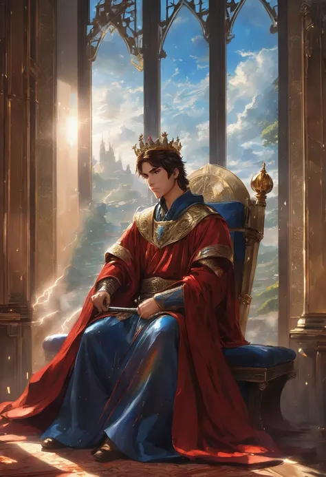 A brown-haired young man sat on the throne, his eyes are blue, holding a long sword, a prince in a red robe, wearing a crown, government, facing away from the window glass, there was thunder booming, fantasy theme, anime style, HD, masterpiece, 24k, super ...