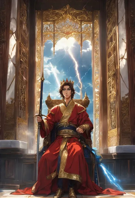 A brown-haired young man sat on the throne, his eyes are blue, holding a long sword, a prince in a red robe, wearing a crown, government, facing away from the window glass, there was thunder booming, fantasy theme, anime style, HD, masterpiece, 24k, super ...