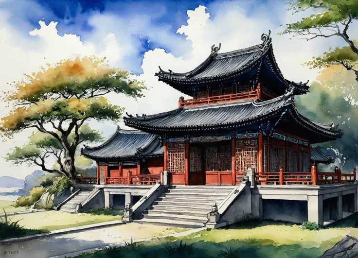 Temple pittoresque de style dynastie Han，Les moines méditent devant le temple（gros plan décolleté），méditer，Zazen，Un méditatif（Peinture de paysage chinois），（peinture à l&#39;encre et à l&#39;aquarelle），（Fond d&#39;écran 8k），（effet d&#39;ombre et de lumière）...