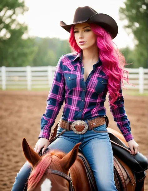 Very attractive 25 year old caucasian female with long wavy bright pink hair, wearing a cowboy hat, jeans, plaid shirt, cowboy boots, riding a horse, photo quality