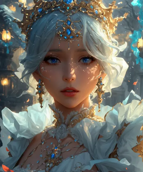 There is a woman in a white dress with a crown on her head, a beautiful fantasy queen, ((beautiful fantasy queen)), a portrait of a princess, a work of art in the Guvez style. 5D CGI anime fantasy artwork, 8K high quality detail art  