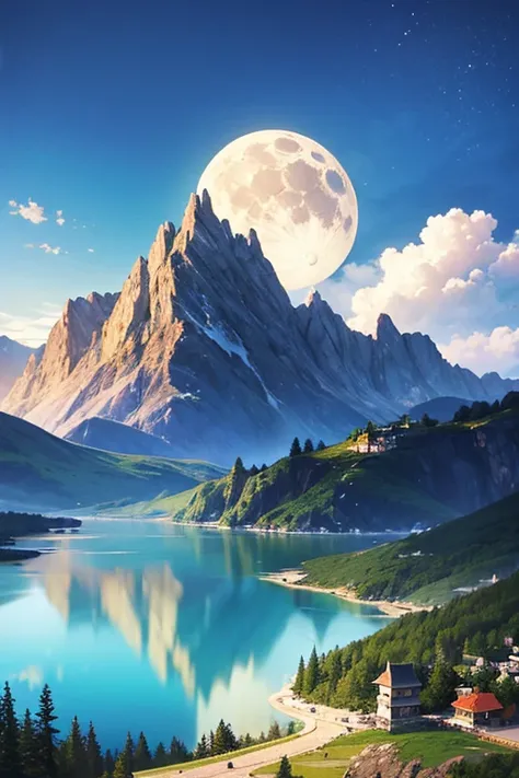 Highest quality、masterpiece、Landscape painting、Moon, Mountains and Lakes、Surrealism