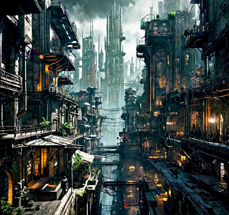 Goth industrial cyberpunk metropolis, extreme wealth in the upper city levels, extreme poverty and crime in the undercity 