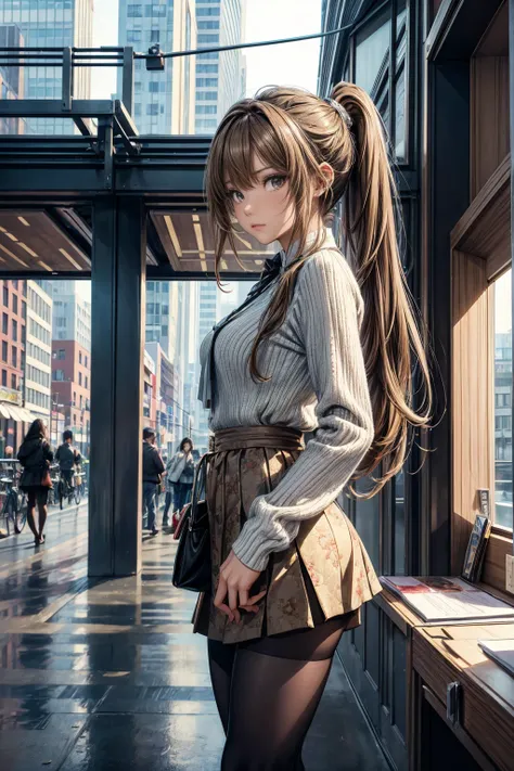 (masterpiece, Highest quality), Intricate details, 8k, Art Station, wallpaper, Official Art,  Sharp focus, One girl, Long Hair,ponytail,  Brown Hair, , office lady,Tight Skirt、slit、tights、 printing, Cold Eyes , Muddy eyes、skyscraper, city, building, car, s...